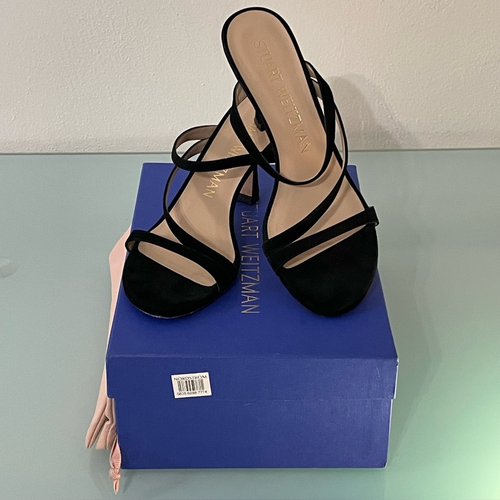 Stuart Weitzman little black suede sandals, low heel, perfect, in box. Sz9